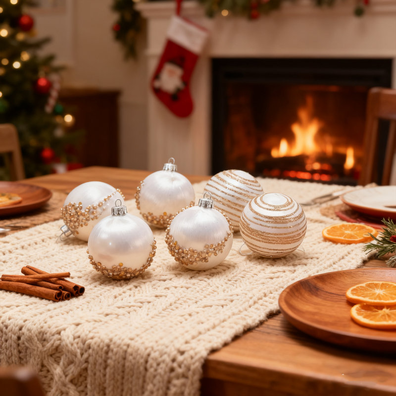 6 boules de Noël, 6 boules de Noël en soie, décoration de Noël, Blanc, 6