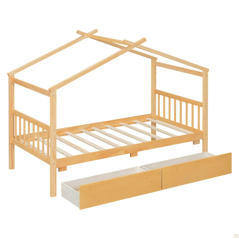 Lit simple en bois avec tiroirs, Naturel, Lit simple