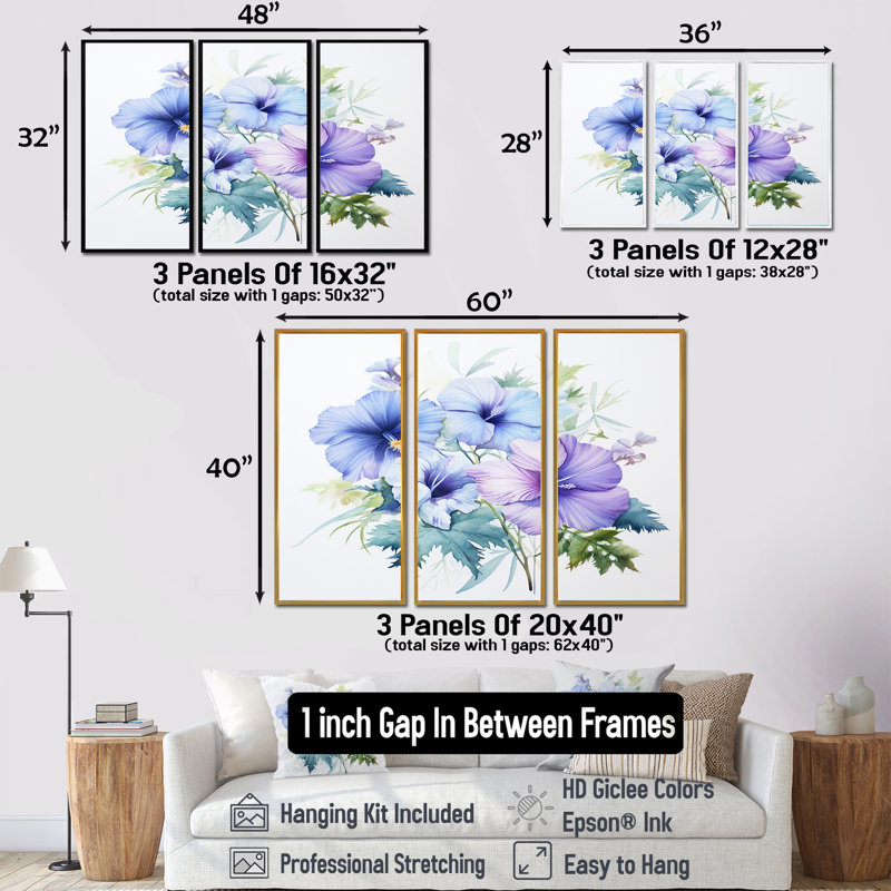 «Mauve et bleu», impression d'art aquarelle d'hibiscus, Encadrement argenté, H 40 po x l 60 po x P 1 po