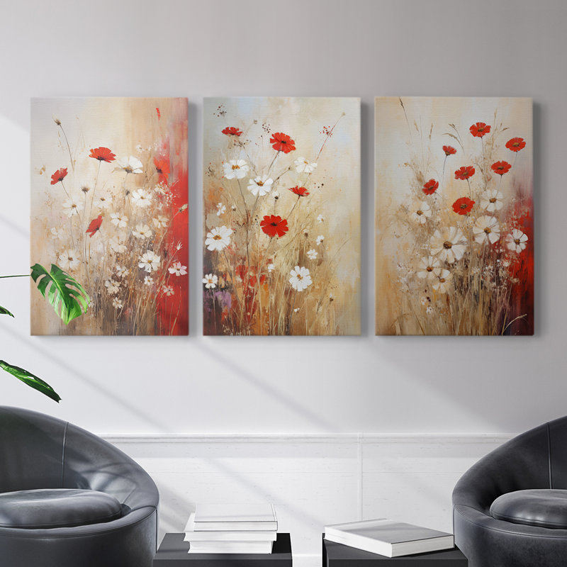Floral Study Series C -Set Of 3 Gallery Wrapped Canvas -Ready to Hang, H 36 po x l 24 po