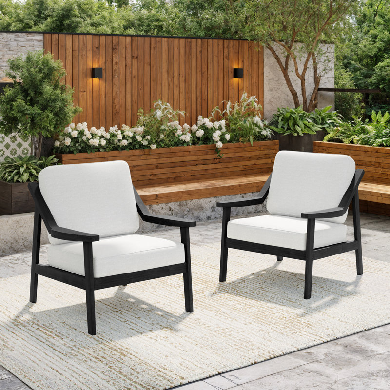 Marlo Solid Wood Teak Outdoor Lounge Chairs With Cushion And Arms, Beige, Black