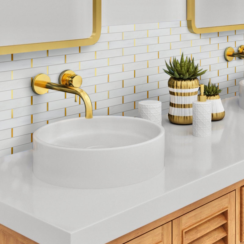 Natural Bianco 2" x 6" Marble Brick Joint Mosaic Wall Tile, Gold/White