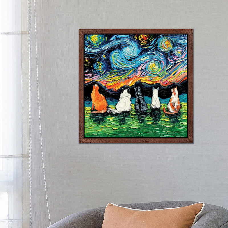 Starry Cats by Aja Trier - Floater Frame Painting on Canvas, Brown Framed, 66.04 cm H x 66.04 cm W