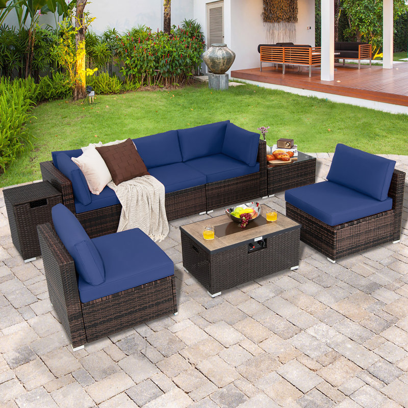 Ensemble de meubles de patio en rotin 8 pièces Avaiyah, Bleu marine