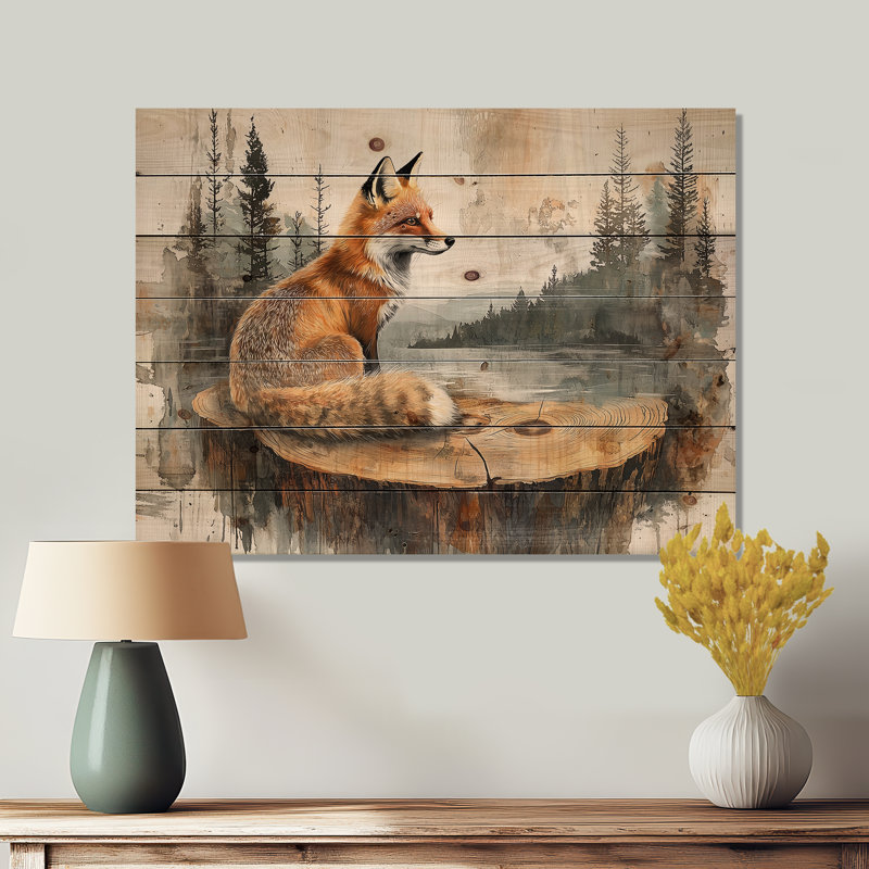 «Silent Fox In Forest Landscape I», art mural animal sur bois de pin naturel, H 24 po x l 32 po