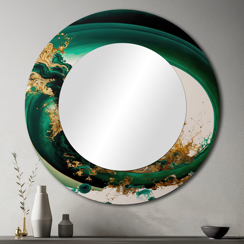Emerald Green And Gold Abstract Waves II - Modern Round Mirror Wall Decor_MTMIR55467, 36" x 36", Round
