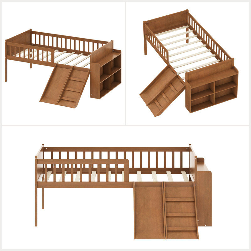 Kids Twin Bed, Kids Bed with Slide, Walnut
