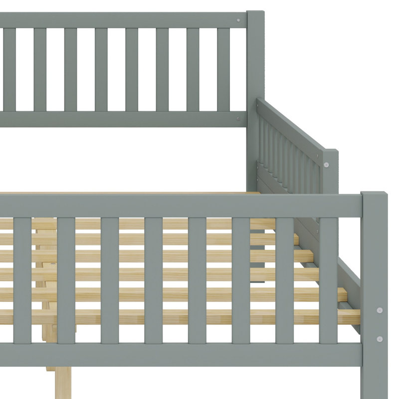 Lit plateforme en bois avec garde-corps des deux côtés et deux tiroirs de rangement, Gris