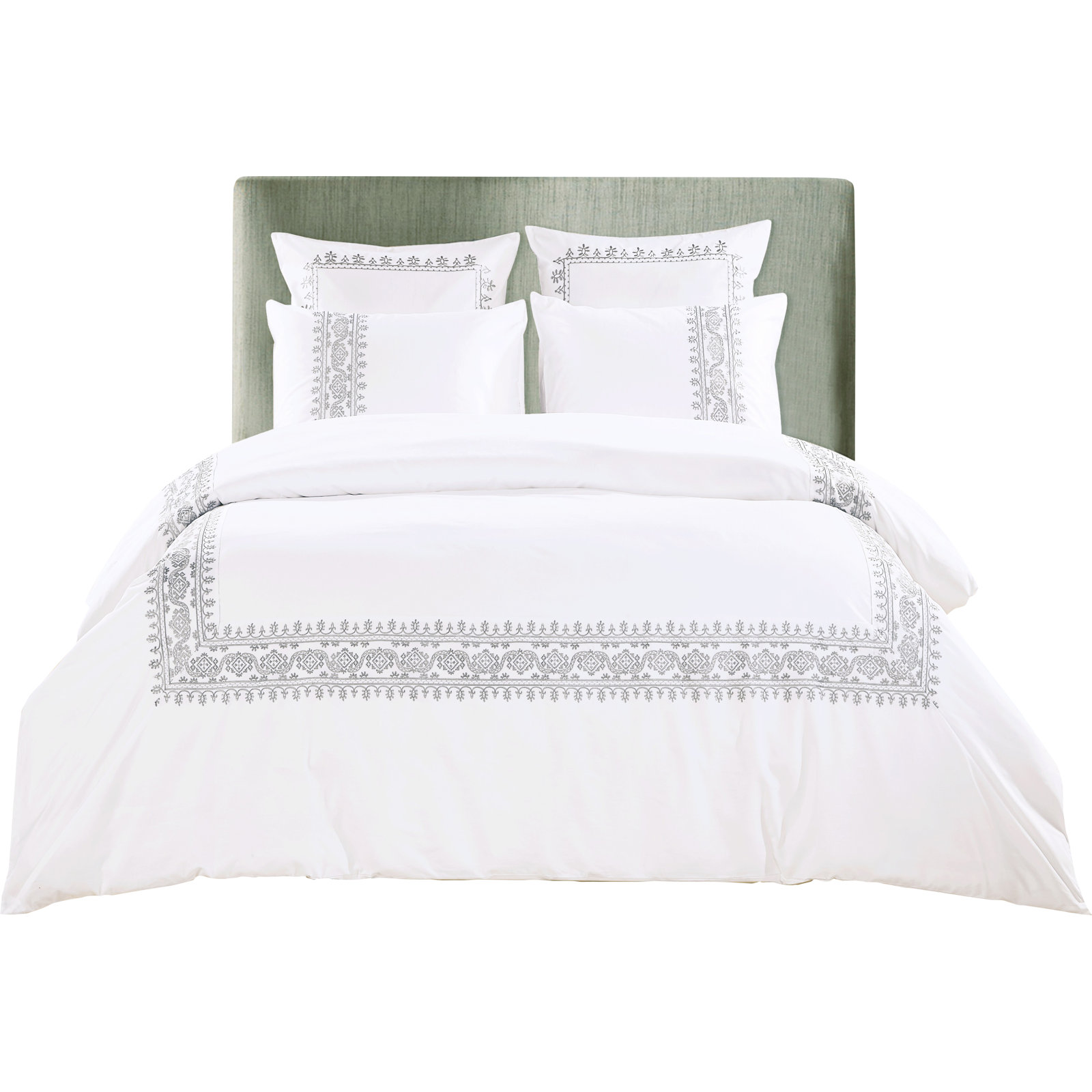Embroidered Cotton Duvet Cover Set, Full/Queen, Gray/White