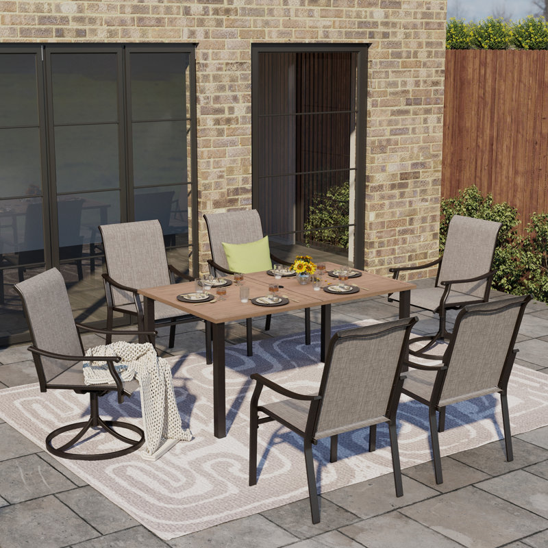 7Pcs Rectangle Powder-Coated Outdoor Patio Dining Set Wood-Like Metal Table With Swivel Sling Chairs