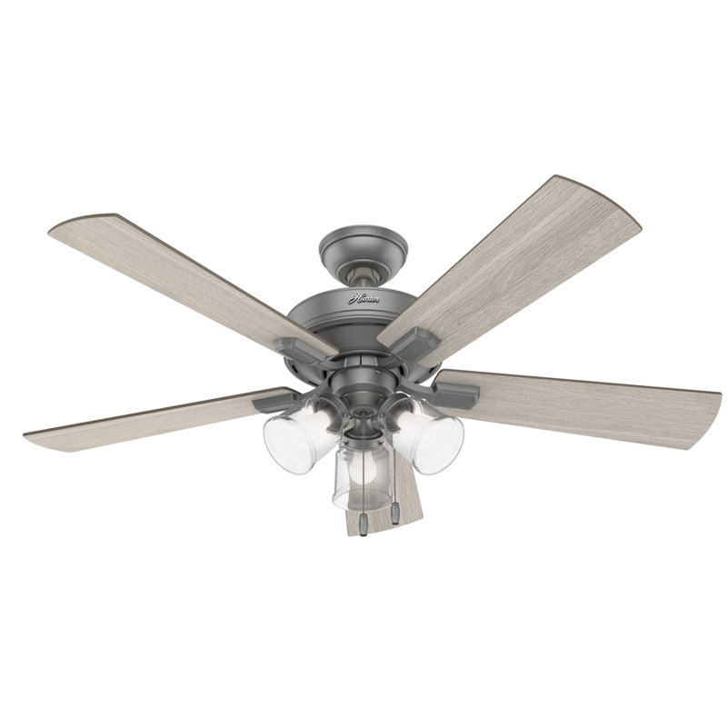 52" Crestfield 5 - Blade Modern Farmhouse Indoor Ceiling Fan with Light and Pull Chains, Matte Silver/Light Gray/Oak