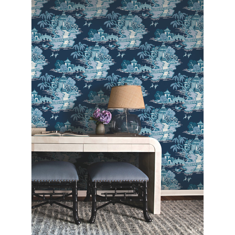 Pagoda And Sampan Scenic Vinyl Wallpaper Roll, Navy