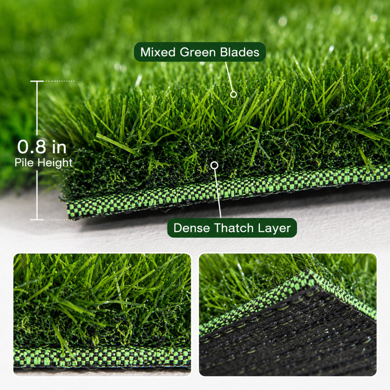Gazon artificiel de 1,83 m x 3,05 m avec support non enduit, 5,57 m², hauteur de poil 2 cm, avec trous de drainage et outils d'installation.