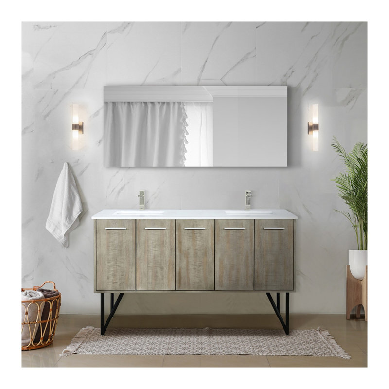 Ensemble de meuble-lavabo double en acacia rustique l 60 po x P 20 po, plateau en marbre de culture, robinet en nickel brossé et miroir de 55 po