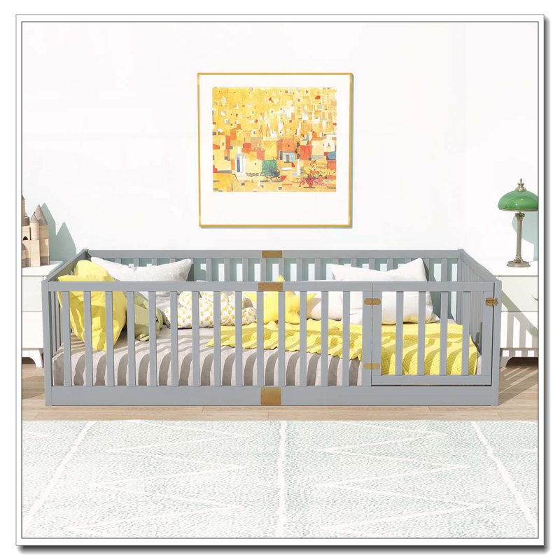21.5"High Fence Railings Solid Wood  Floor Bed, Twin, Grey-with Door