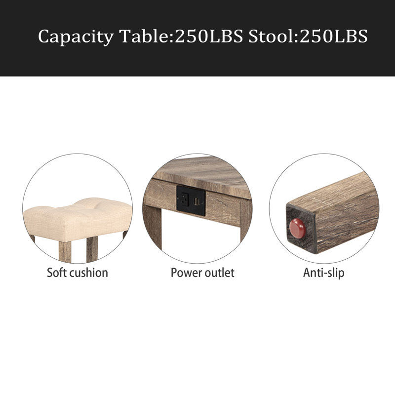 4 Piece Bar Table Set With Power Outlet,Bar Table Set With Chairs,Sofa Bar Table With Stools,Behind Couch Table With 3 Padded Stools,For Living Room,Dining Room
