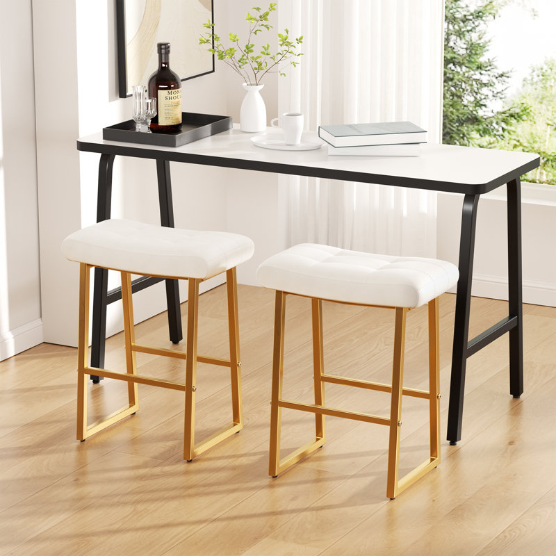 Upholstered Counter Stool with Metal Frame, Gold, White, 2
