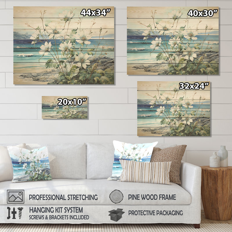 Flower In Oceanic Calm Beach View II - Coastal Minimalism On Wood Print, 30" H x 40" W x 0.78" D