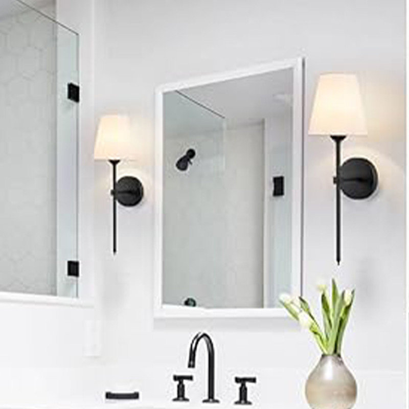 Black Metal Vanity Wall Sconces with White Fabric Shade