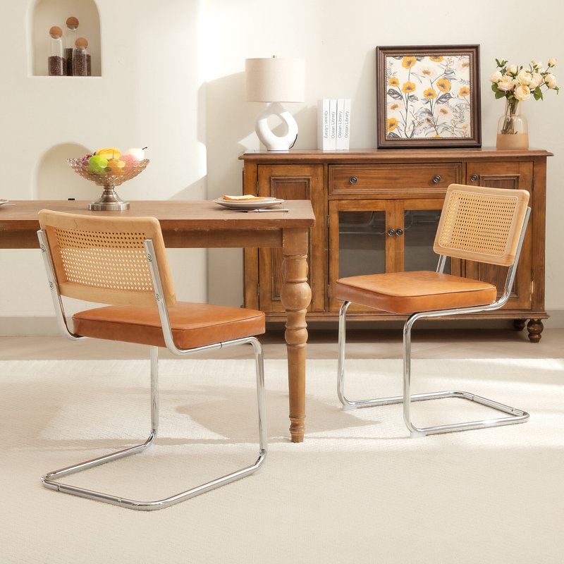 Side Chair Dining Chairs With Cane Rattan Back, Leather Camel Brown, 2