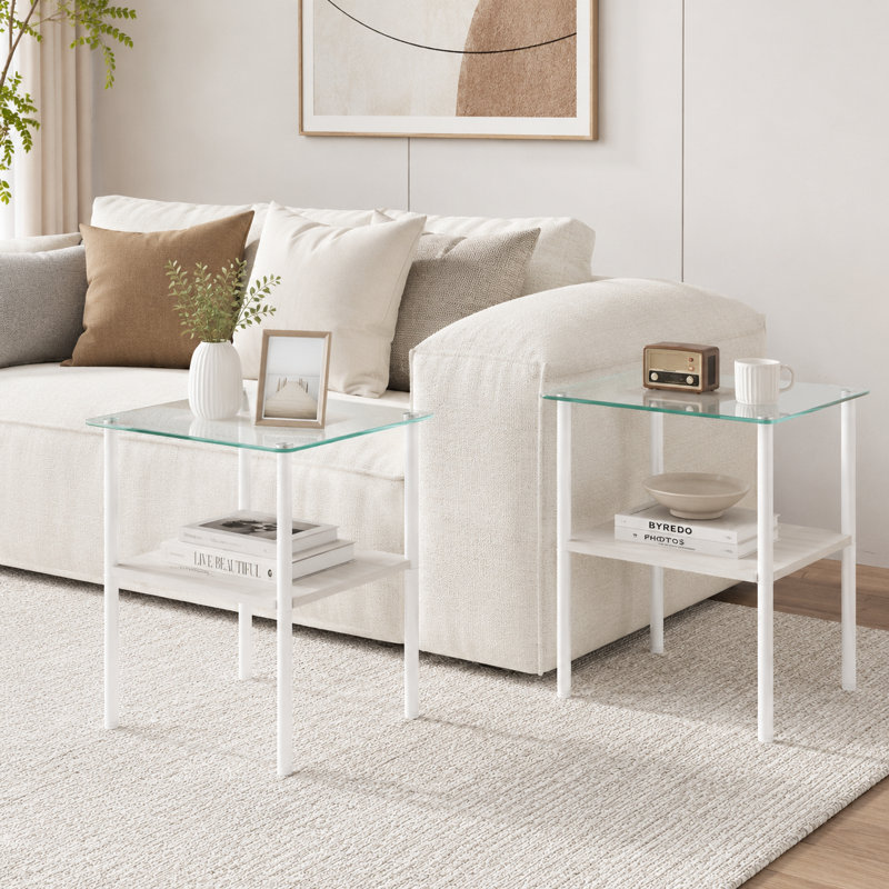 Tables d'appoint carrées en verre trempé 16,3 po (ensemble de 2) avec tablette de rangement, blanc / transparent, White/Clear