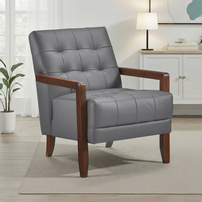 Fauteuil d'appoint moderne Mid-Century de 26 po de Velsen avec cuir fleur, accoudoirs en bois massif et ressorts ensachés en mousse haute densité