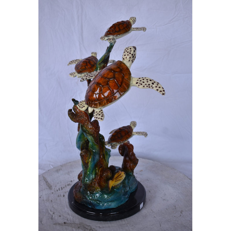 Four Turtles With Fish Bronze Statue On A Marble Base - Size: 16" X 12" X 22"H.