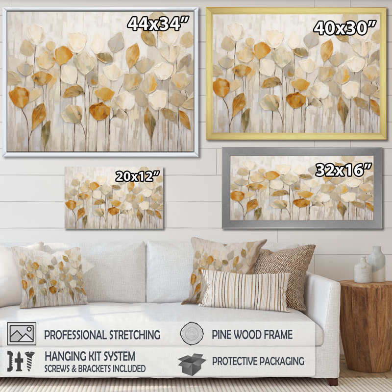 «Beige Botanical Impressions II - Abstract Botanicals», art mural, Reproduction avec cadre flottant, H 30 po x l 40 po, Doré