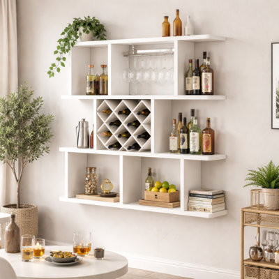 Support à vin de bar mural avec support, tablettes, 3 niveaux, blanc 47 po