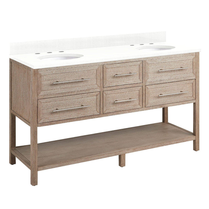 60" Robertson Double Bathroom Vanity Set with Oval Undermount Sinks, 8" Widespread, Feathered White Quartz, Brushed White