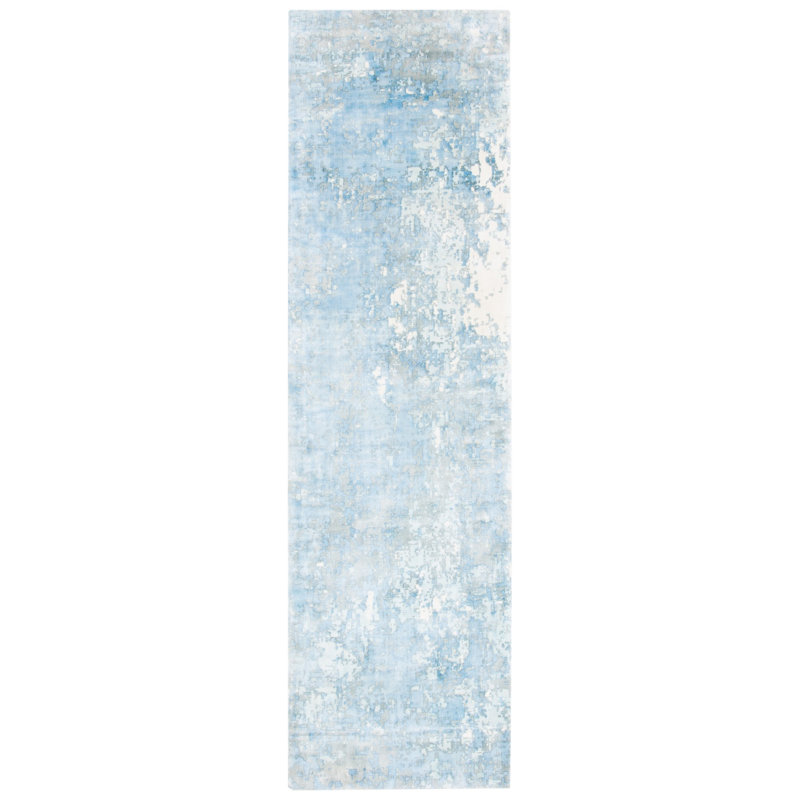 Tapis turquoise / blanc / gris noué à la main Ely, Tapis de couloir 2 pi 6 po x 9 pi