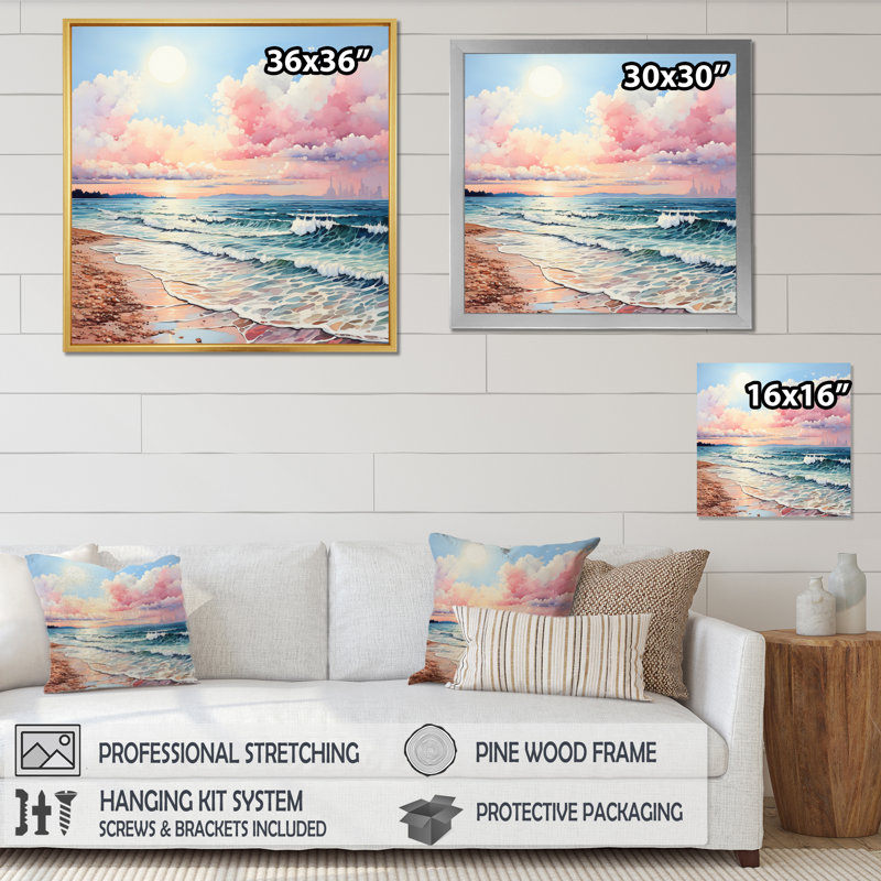 Brise de plage rose - décor d'art mural sable de plage, H 36 po x l 36 po x P 1,5 po, Toile tendue