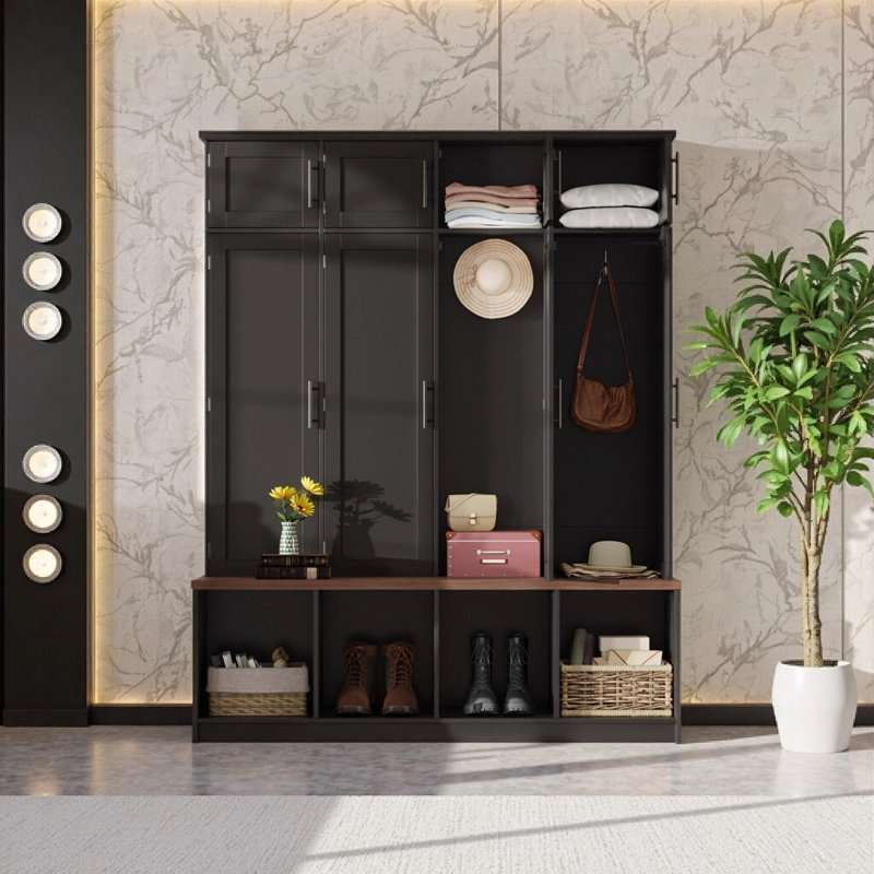 Arbre d'entrée de style campagnard avec 4 crochets cachés, banc de siège en noyer et armoire à chaussures à 8 portes, rangement de hall d'entrée polyvalent avec compartiment ouvert pour le salon, noir