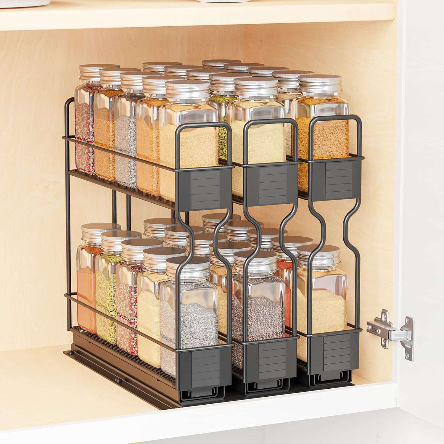 Spice Rack Pull Out Organizer For Cabinet - 2 Tier Metal Slide Out No ...