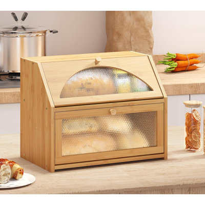 Boîte à pain, boîte à pain en bois de bambou pour comptoir de cuisine, bac de rangement de pain à double couche, verre acrylique avec motifs de losanges (naturel)