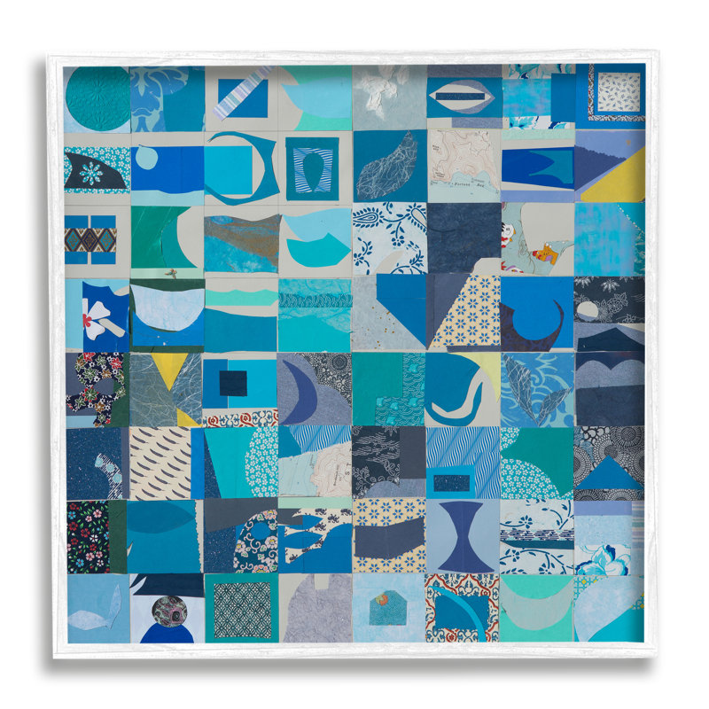Ba-249 - Abstraction de patchwork bleue encadrée, Giclée encadrée blanc bord de mer, H 17 po x l 17 po x P 1,5 po