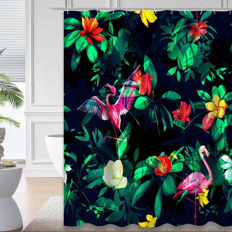 Rideau de douche imperméable avec 12 crochets FlamingoFlora, L 72 po x l 84 po