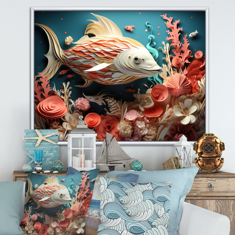 «Underwater Fish In Coral World Collage», reproduction sur toile, Cadre flottant blanc, H 24 po x l 32 po