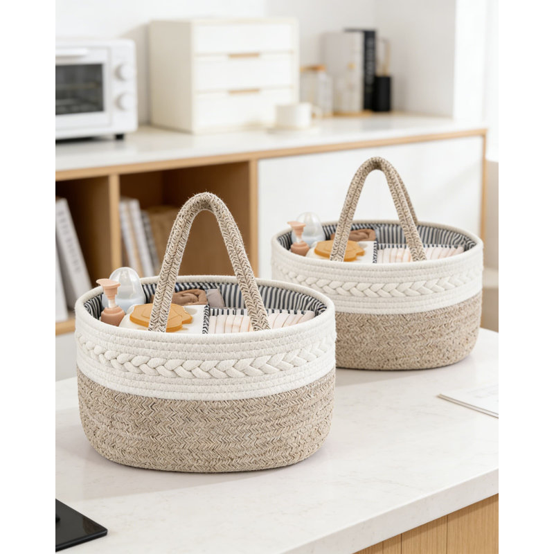 Organisateur en coton, panier de rangement pour chambre de bébé portable avec séparateur amovible pour les articles essentiels pour bébé, couches et lingettes