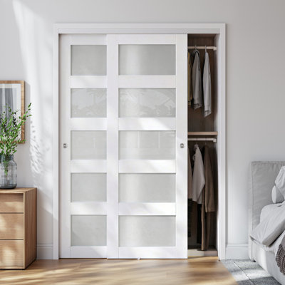 80"H 5-Lite Tempered and Frosted Glass Sliding Closet Door with Hardware Kit