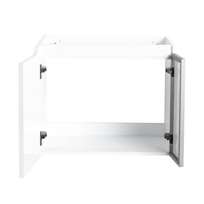 Meuble-lavabo mural 24 po, 2 portes à fermeture douce, structure blanc brillant, 1/2 porte en verre gris, matériau en contreplaqué, ensemble de rangement, sans lavabo, meuble-lavabo fonctionnel avec apparence à fermeture en douceur, lavabo
