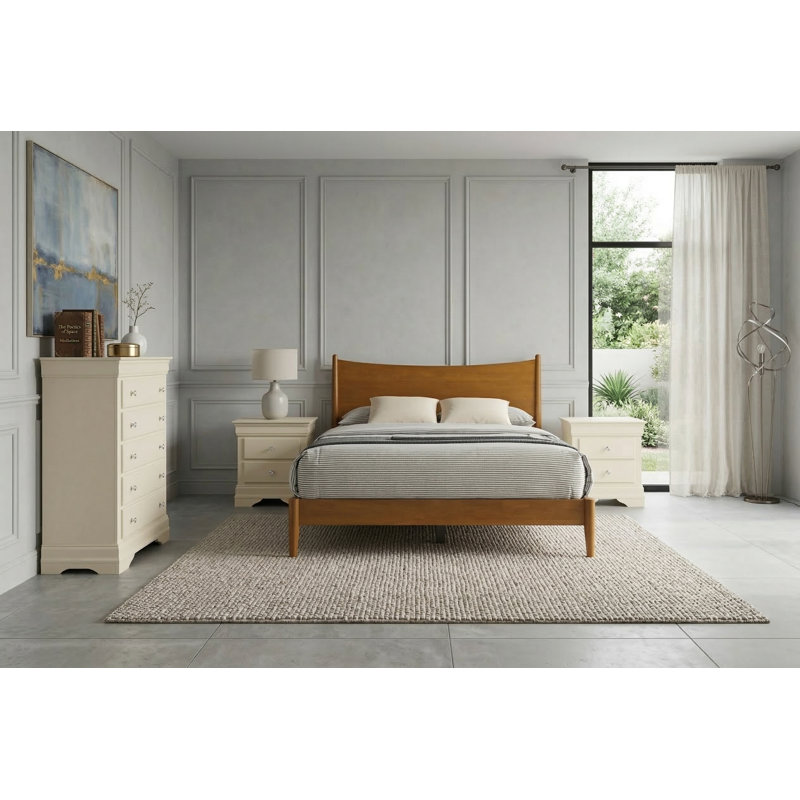 Barvelle Solid Wood 4 Pieces Bedroom Set, 4 Pcs: Bed, Chest, 2 Nightstand, Ivory/Amber Walnut