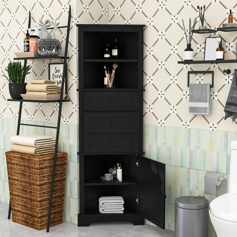Fetiere Freestanding Bathroom Cabinet, Triangle Tall Cabinet with Drawers and Adjustable Shelves, Black
