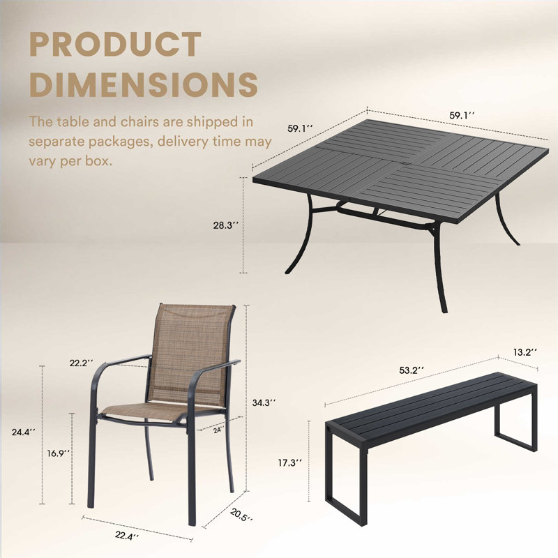 Ensemble repas carré 59,1 "avec banc, Brun, Noir, noir, noir, noir