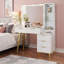 Meuble-lavabo large, bureau de maquillage avec miroir, coiffeuse à 5 tiroirs, coiffeuse à plateau en verre pour chambre à coucher