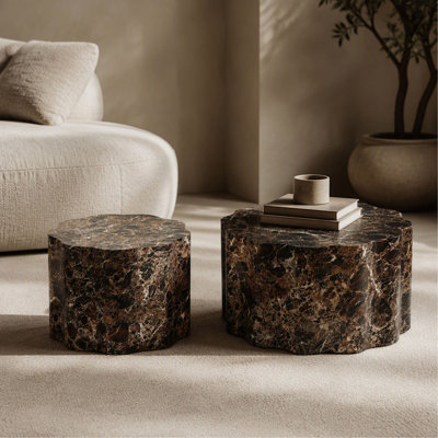 Ensemble de tables basses Nesting - rond - plateau en faux marbre travertin noyer - 2 pièces - minimaliste