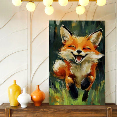 Happy Fox Animal Painting Cute Woodland Nursery Canvas Wall Art Print, Coordinated Color Stylish Poster For Nursery Decor, Gallery Wall Accent, Modern Home Decor, Statement Wall Decor