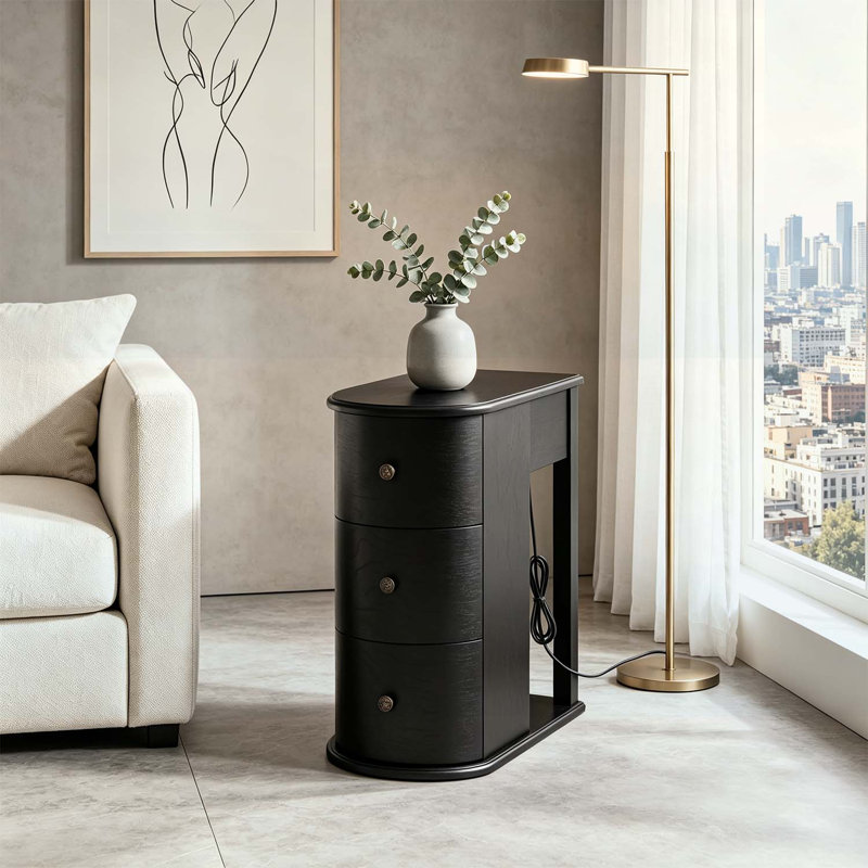 Table de bout moderne avec porte-gobelet caché, 2 tiroirs de rangement, station de charge, pour chambre à coucher et salon