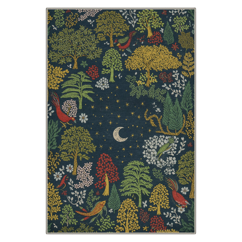Lunaria Abstract Moonlit Forest Machine Washable Midnight Indoor Area Rug With Non-Slip Backing, Rectangle 9' x 12'