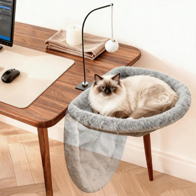 Modern Cat Desk Bed & Hammock, No-Drill C-Clamp Mount, Super Soft Plush D-Shaped Nest with Interactive Toy, Space-Saving Cat Furniture